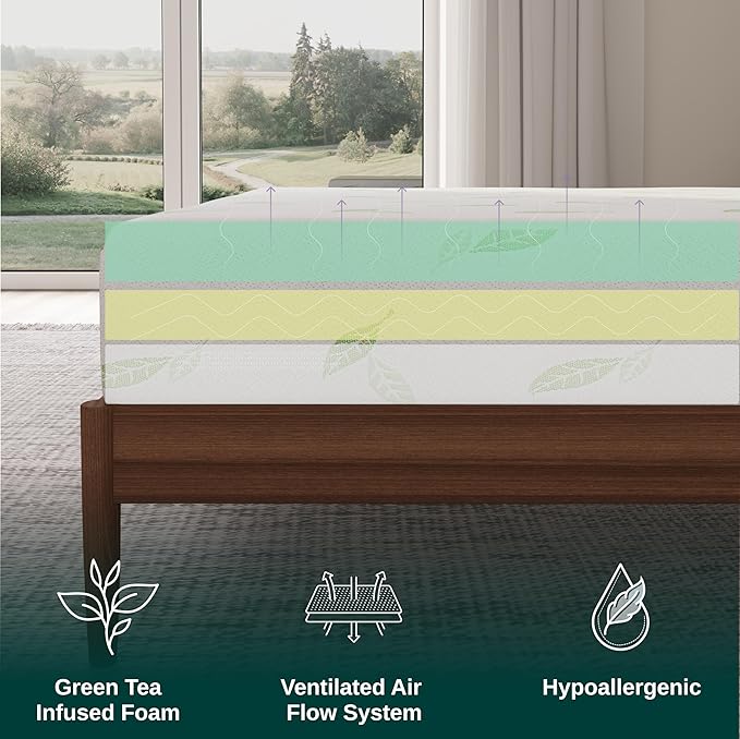 NapQueen Queen Size, 6 Inch Anula Green Tea Infused Memory Foam Mattress, Bed in a Box, CertiPUR-US Certified Mattress