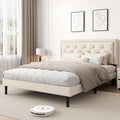 Full Size Platform Bed Frame with Upholstered Velvet Button Tufted Headboard, Mattress Foundation with Wooden Slat Support, No Box Spring Needed, Easy Assembly, Noise Free, Beige