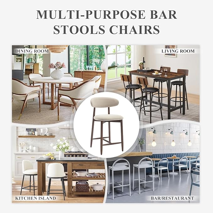 COLAMY Counter Height Bar Stools Set of 4, Kitchen Bar Stools with Back, Mid Century Modern Upholstered Bar Stools with Wood Legs for Kitchen Island Dining Room Bar, Beige