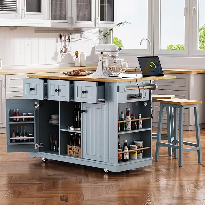 53" Large Kitchen Island Set with 2 Bar Stools, Power Outlet & Storage, Drop Leaf, 3 Drawers & 5 Open Racks, Grey Blue