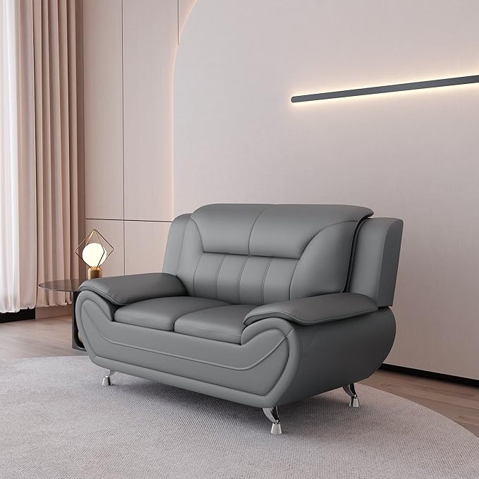 Container Furniture Direct Michael Modern Faux Leather Upholstered Stainless Steel Legs Living Room Sofa, Loveseat, Sleek Gray