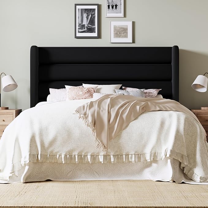 Allewie Queen Size Platform Bed Frame with Velvet Upholstered Wingback Headboard, No Box Spring Needed, Under Bed Storage Space, Strong Wooden Slats, Modern Mattress Foundation, Easy Assembly, Black