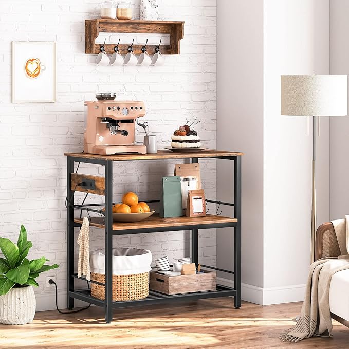 HOOBRO Kitchen Island with Storage, Kitchen Island Table with Power Outlet, 35.4" L 3 Tier Coffee Station and Microwave Stand, for Home, Dining Room, Rustic Brown and Black BF021ZD01
