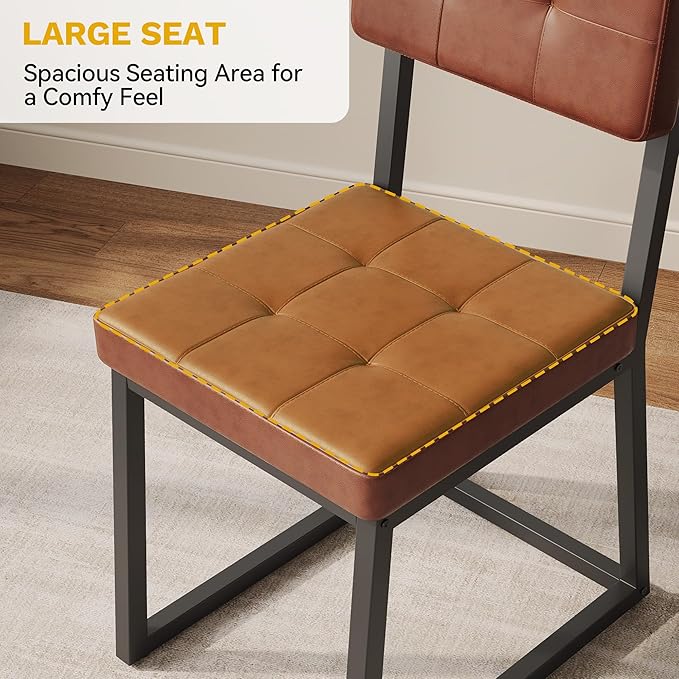 DWVO Modern Dining Chairs Set of 2 Brown Upholstered Kitchen Chairs with Faux Leather Cushion Seat and Heavy Duty Metal Leg for Kitchen Living Room Restaurant, Brown