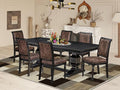 LKCY7-SBB-33 7-Piece Kitchen Table Set Consists of a Dining Table and 6 Brown Textured Polyester Fabric Dining Chairs with High Back - Sand Blasting Black Finish