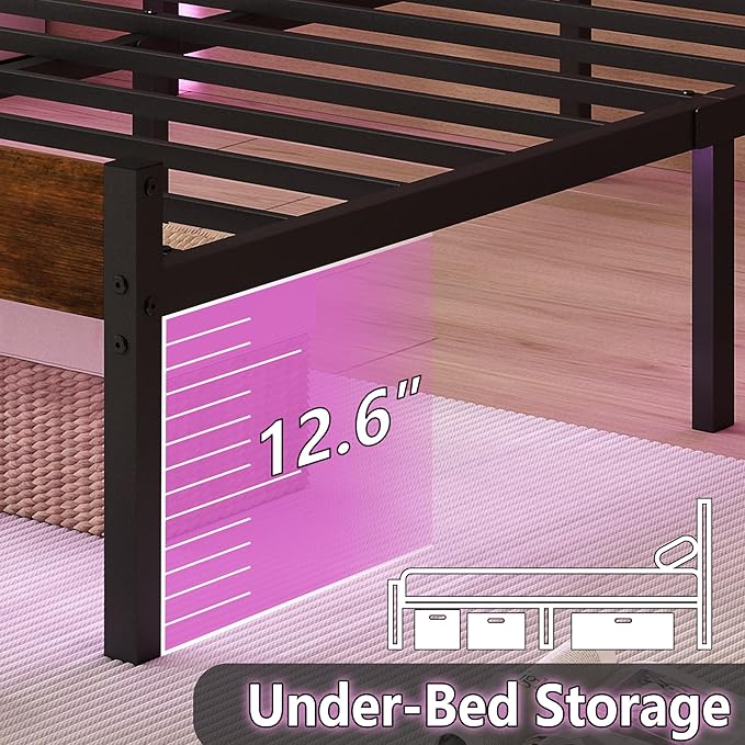 Twin Bed Frame with Headboard,Heavy Duty LED Bed Frame with USB Charging Station,Mattress Foundation-Under Bed Storage, No Box Spring Needed, Noise Free，Black