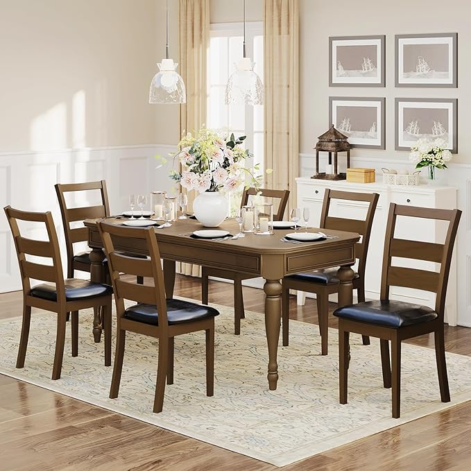 COLAMY Farmhouse Dining Chairs Set of 6, Upholstered Kitchen Chairs with Ladder Back, Modern Wood Side Dining Room Chairs with Wooden Legs for Dinner Rustic Restaurant, Darkbrown
