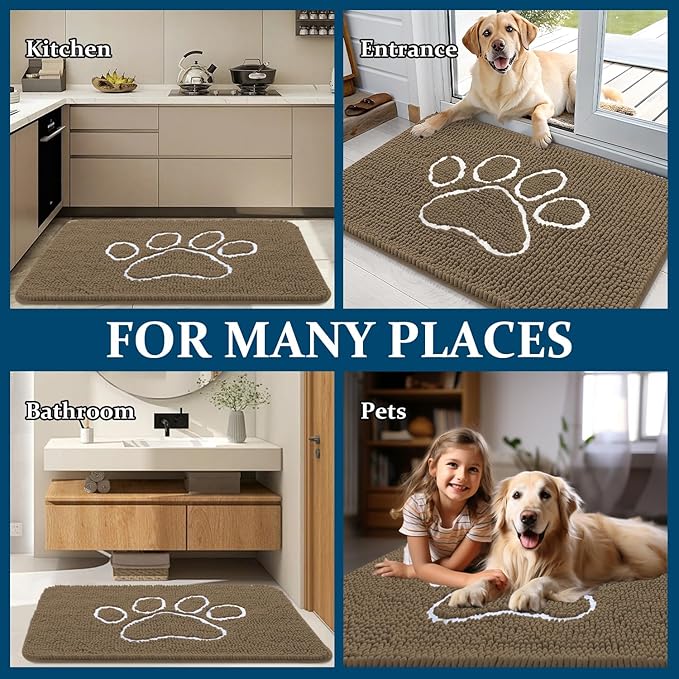 OLANLY Door Mat for Muddy Dog Paws 40x32, Ultra Absorbent Chenille Mud Doormat with Paw Print Design, Non-Slip Washable Doormat for Indoor Entryway, Quick-Dry Pet Bed Mats for Dirty Dogs, Tan