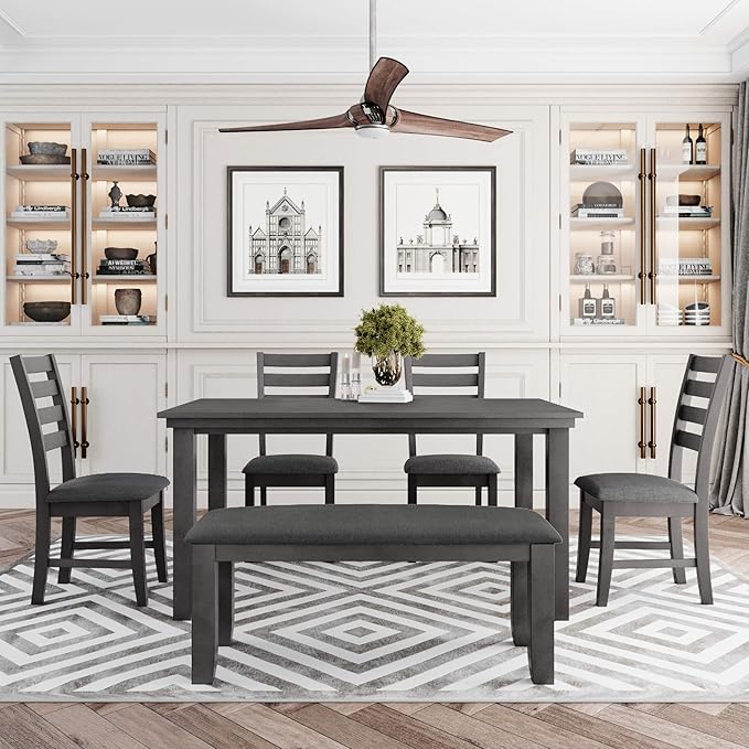 Ball & Cast 6 Piece Dining Table Set with 4 Upholstered Chairs and 1 Bench,Wooden Living Room Furniture W/ 60" Rectangle Kitchen Desk,for Restaurant,Home Bistro,Gray