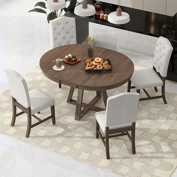 Ball & Cast 5 Piece Dining Table Set with 4 Upholstered Chairs,Living Room Furniture W/ 42" Table,Tabletop Can be Adjusted from Round to Oval in Shape,for Restaurant,Home Bistro,Walnut
