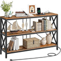 47.2" Console Table with Charging Station, 3-Tier Entryway Table, Industrial Sofa Desk, Hallway Desk with 2 AC Outlets and 2 USB Ports Metal Frame, Rustic Brown and Black TXG01UBF