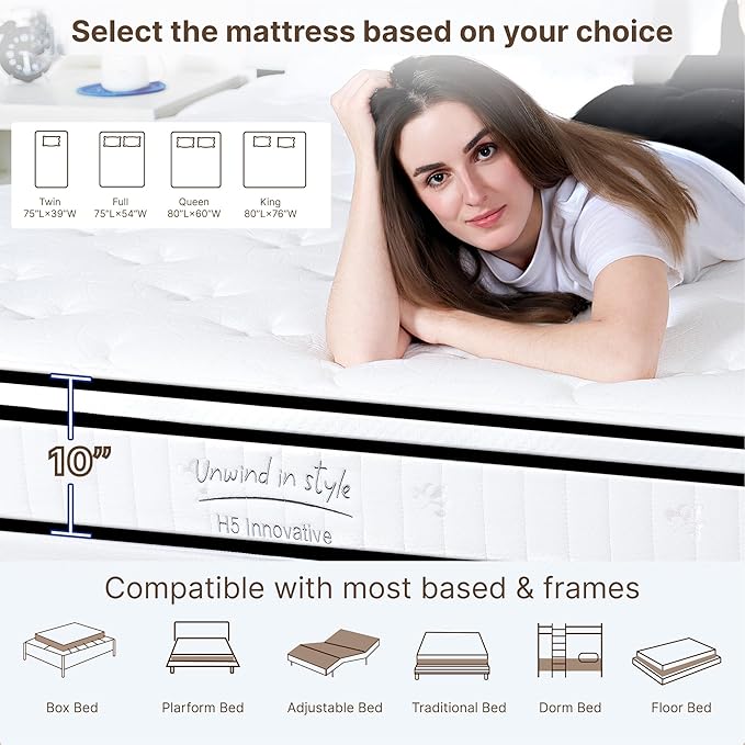 Queen Size Mattress, 10 Inch Medium Firm Foam Hybrid Mattress with Individual Pocket Springs for Motion Isolation & Edge Support, Mattress in A Box CertiPUR-US Certified