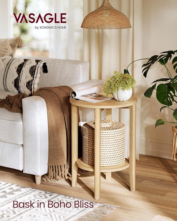 VASAGLE Round Side End Table, 2-Tier Boho Bedside Table with Rattan-Look Storage Shelf, Nightstand for Small Spaces, for Living Room, Bedroom, Home Office, Oak Beige ULET296Y01