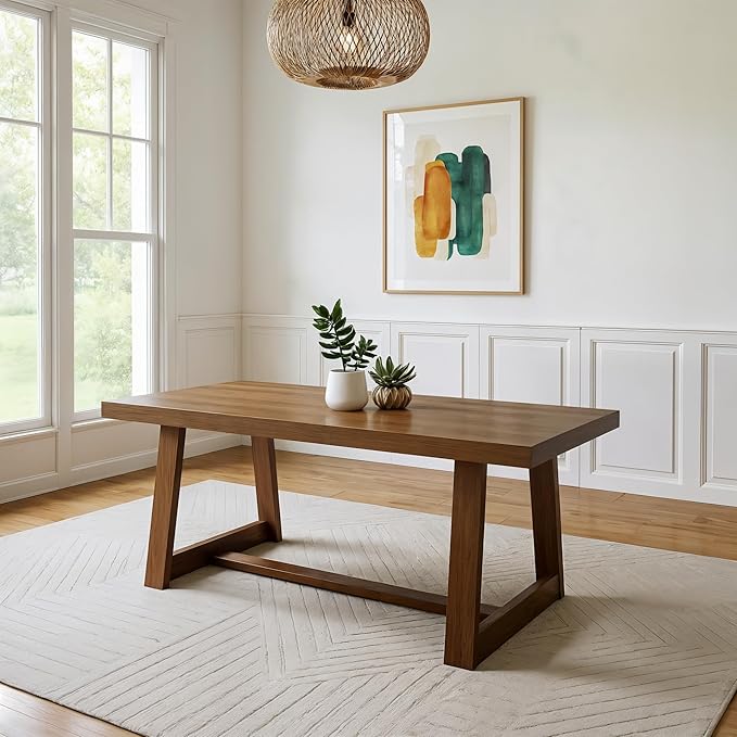 Plank+Beam 72 Inch Farmhouse Dining Table, Solid Wood Rustic Kitchen Table, Large Wooden Rectangular Dinner Table for Dining Room, Home Office, Living Room Furniture, Easy Assembly, Pecan Wirebrush