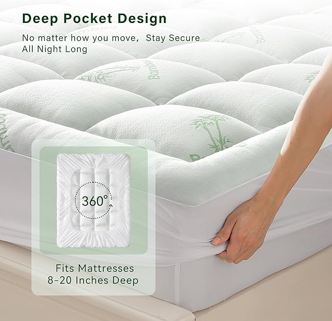 Anluoer Memory Foam Mattress Topper King for Back Pain, Rayon Derived from Bamboo Pillow Top Mattress Topper for Hot Sleepers,Cooling Mattress Pad with 8-21" Deep Pocket, 78x80 Inches, White