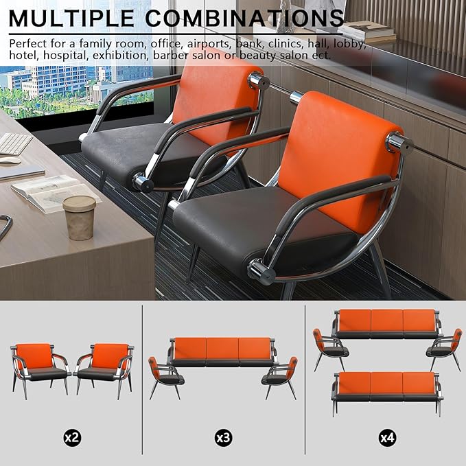 wonline 3 Seat Waiting Room Chair with Armrest PU Leather Office Furniture, Office Guest Seating Lobby Conference Reception Chairs for Airport Clinic Hospital Bank Salon Barber(Orange&Black)