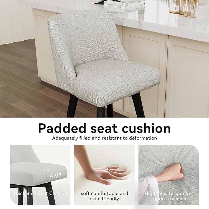 Vipbear Swivel Counter Height Bar Stools Set of 3,26.8" H Counter Stools with Back, Mid Century Modern Bar Stools for Kitchen Island,Linen Fabric,Wooden Base, White