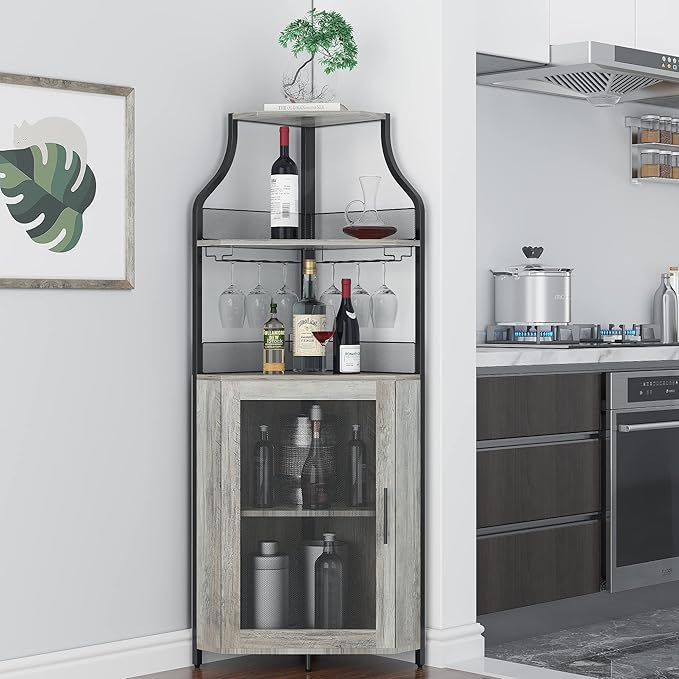 GAOMON Corner Wine Cabinet with Removable Wine Rack, Wine Bar Cabinet with Barn Door and Adjustable Shelves, Industrial Wine Cabinet for Dining Room, Living Room,Kitchen (Grey)