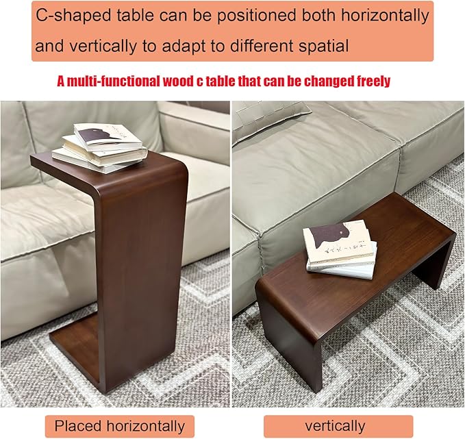 C Shaped End Table, Solid Wood C Side Table for Couch Sofa and Bed, Sofa Tables That Slide Under for Space Saving, Small Snack C Tables for Living Room Bedroom (H 27.2″ - Brown, 2)