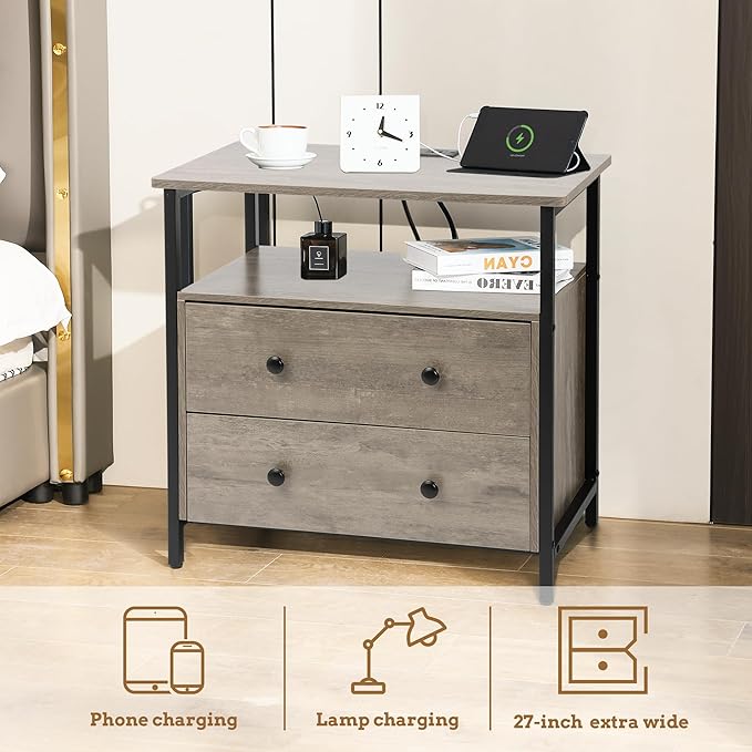 27 inch Wide Nightstand with Charging Station, Bedside Table with Open Shelf, 2 Drawers Small Wood Dresser, End Side Table for Bedroom (2 Pack,Rustic Gray)