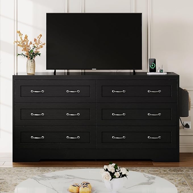 YITAHOME Drawers TV Stand for 65 inches with Power Outlets -Chest of Drawers Dresser with Side Organizer Bag Entertainment Center TV Console, Black