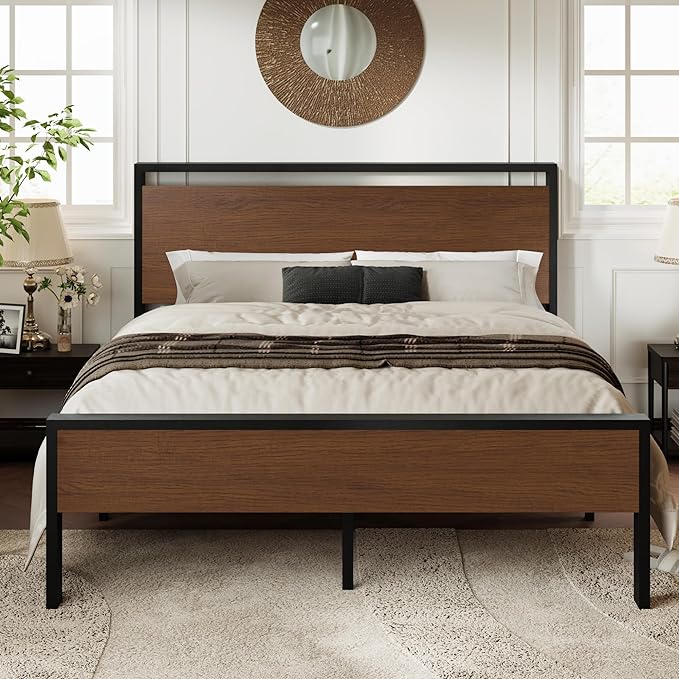 Allewie Full Size Platform Bed Frame with Wooden Headboard and Footboard, Heavy Duty 12 Metal Slats Support, No Box Spring Needed, Under-Bed Storage, Noise Free, Easy Assembly, Walnut