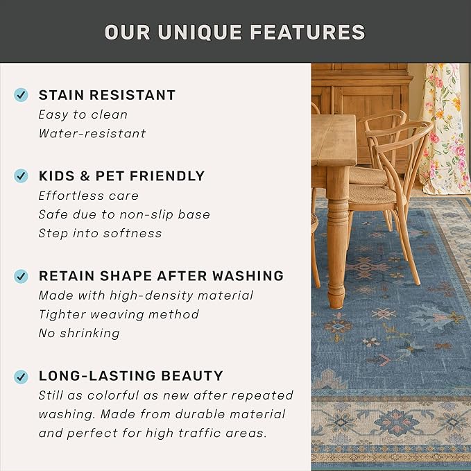 Blue Big Rugs for Living Room - Dusty Blue 10x12 Area Rug for Large Bedroom, Dining Room, Washable Lightweight Foldable Floral Modern Home Décor
