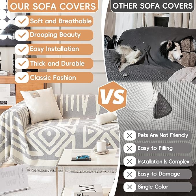 STACYPIK Boho Geometric Sofa Cover Chenille Gray White Cream Triangle Couch Cover for Dog Anti Slip Couch Protector for 3 Cushion Couch Reversible Furniture Covers L Shape Cover for Sectional-91X134IN
