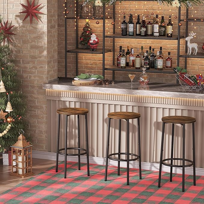 HOOBRO Bar Stools, Set of 2 Bar Chairs, Kitchen Round Height Stools with Footrest, Breakfast Bar Stools, Sturdy Steel Frame, for Dining Room, Kitchen, Party, Easy Assembly, Rustic Brown BF03BY01