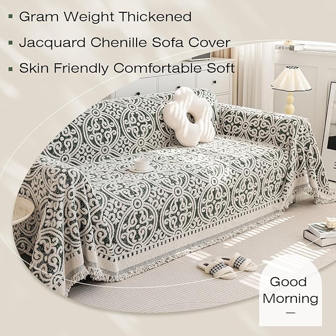 STACYPIK Green Jacquard Sofa Cover - Anti-Scratch Chenille Furniture Protector for 3 Cushion Couch - French Floral Dog Pet Cushion Protector - Futon Cover 71x150IN