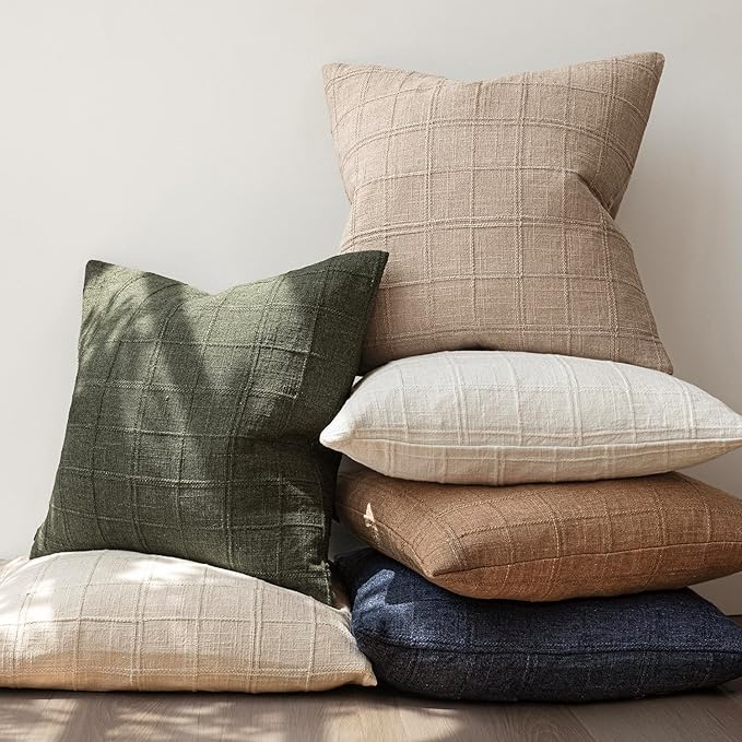 Foindtower Set of 2 Decorative Linen Check Throw Pillow Covers Neutral Farmhouse Vintage Cushion Covers Modern Coastal Boho Home Decor For Sofa Chair Couch Bedroom Living Room Outdoor,26×26 Inch,Camel