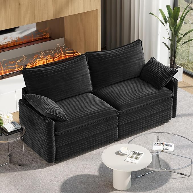 Vesgantti 74" Loveseat Sofa for Living Room, Comfy Cloud Couch Deep Seat Corduroy Modern 2 Seater Small Sofa with Armrest Pillow, Easy Assembly for Small Spaces, Black