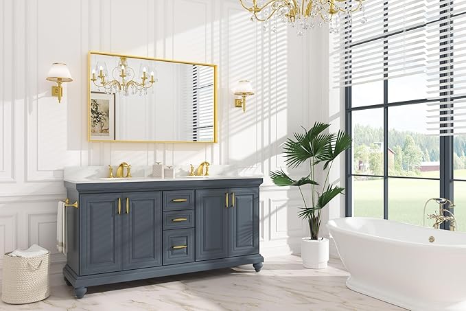 Keonjinn Gold Bathroom Mirror 48 x 30 Inch Gold Trimmed Bathroom Wall Mirror Large Brushed Metal Frame Mirror for Over Sink, Modern Farmhouse Vanity Rectangle Mirror(Horizontal/Vertical)