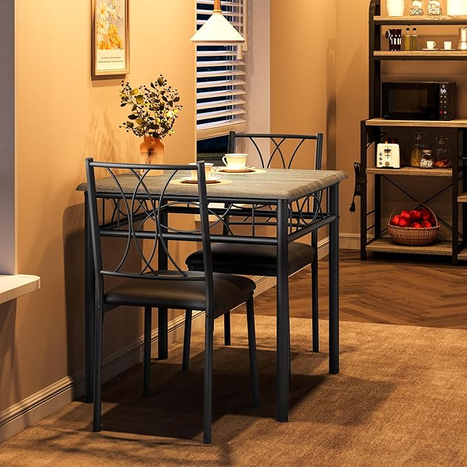 Dining Table Set for 2, Kitchen Table with 2 Upholstered Chairs, Wood 3-Piece Kitchen Dining Room Table Set for Apartment, Small Space, Space Saving, Retro Gary