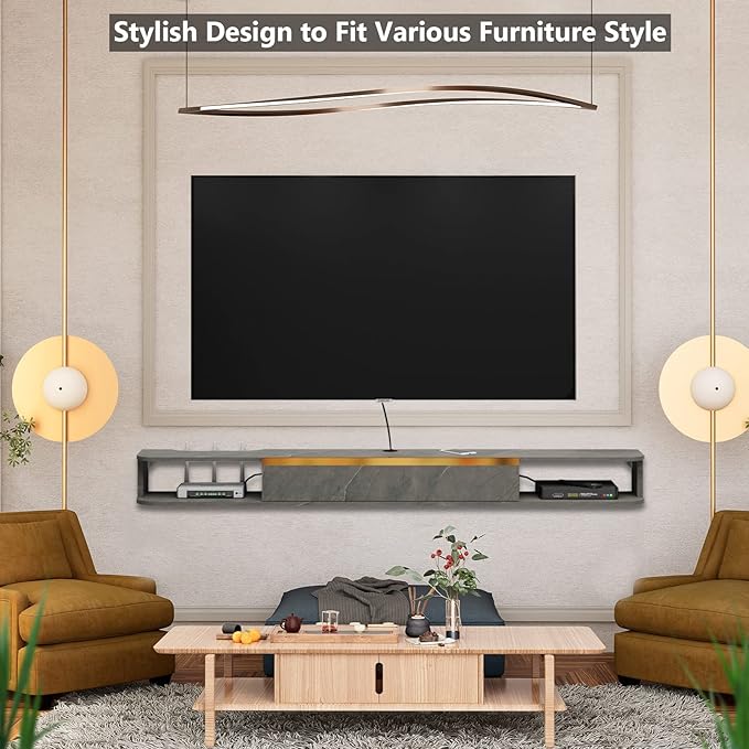 Floating TV Stand, 71'' Wall Mounted Entertainment Center TV Media Console, Floating Shelves with Door, Floating TV Cabinet Large Storage TV Bench for Living Room (Dark Grey, 70.86IN)