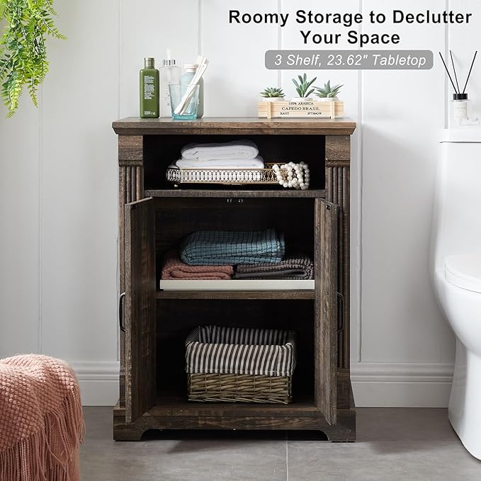 24" Farmhouse Storage Cabinet with Barn Doors, Dark Rustic Oak Freestanding Sideboard Buffet with Adjustable Shelf, Pantry Hutch Coffee Bar for Kitchen Bathroom Living Room - Small Floor Cabinet