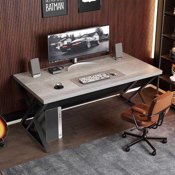 LVB Grey Desk, Industrial Wood Home Office Computer Desk for Bedroom, Farmhouse Metal Wooden Study Work PC Gaming Writing Table, Modern Simple Executive Writing Desk, 47 Inch, Light Gray