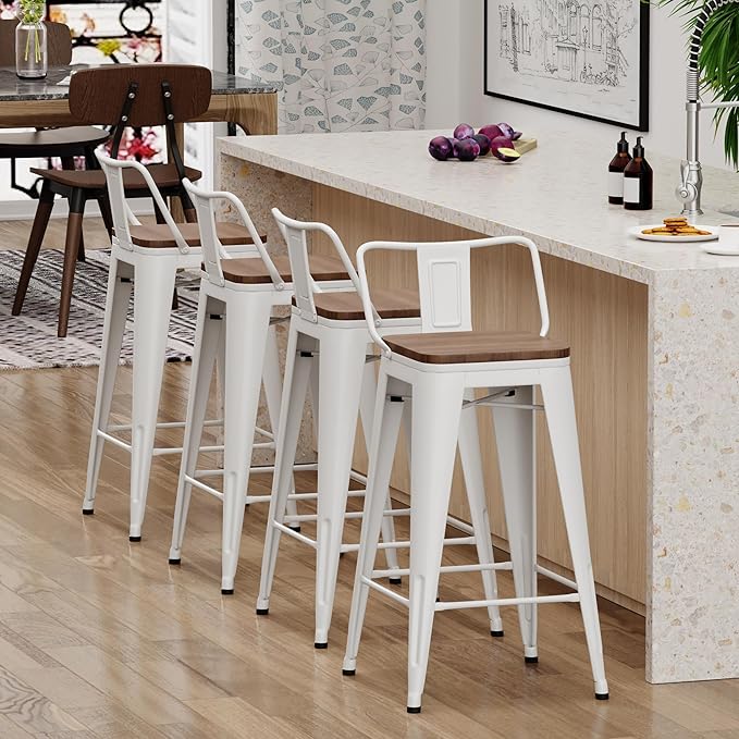 Yongchuang 26 inch Bar Stools Set of 4 Kitchen Counter Height Chairs with Wood Seat Industrial Low Back Metal Barstools Cream White