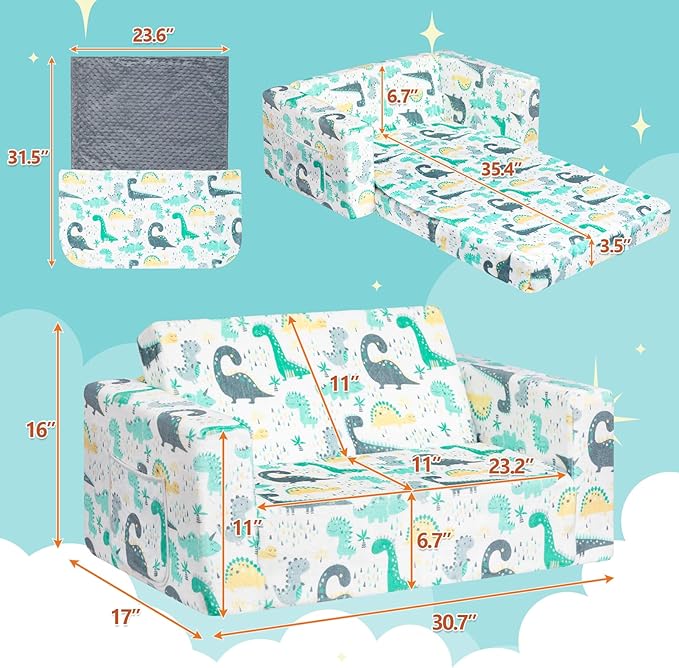 ALIMORDEN Fold Out Toddler Couch, Extra Wide Comfy 2-in-1 Cuddly Sherpa Sofa for Kids, with Removable Baby Friendly Blanket, Convertible Sofa to Bed, Dinosaur