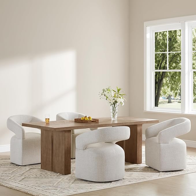 Upholstered Dining Chairs with Casters Modern Barrel Side Armchair with Rollers for Diningroom Bedroom Livingroom Reading Room, Beige, 2PCS