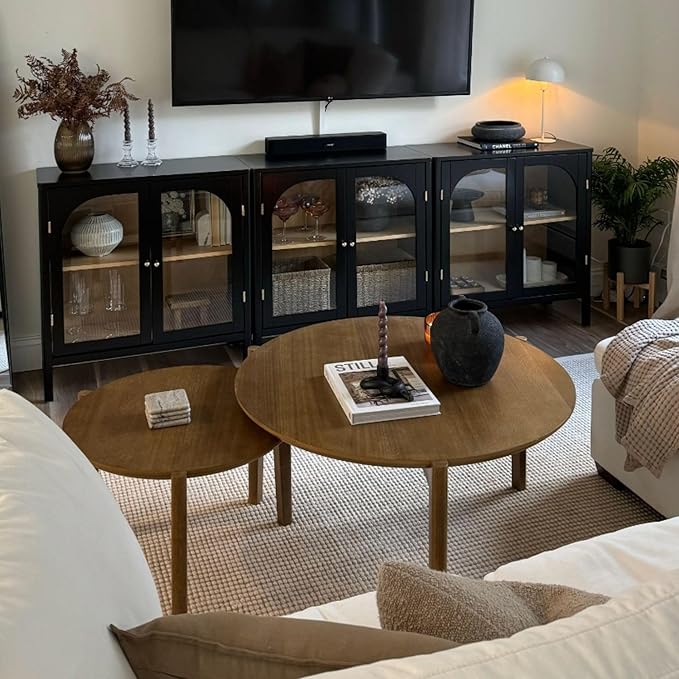 Nathan James Mason Storage Cabinet Accent Sideboard Buffet Credenza TV Stand with Glass Doors and Adjustable Shelf in Black Wood for Dining Room, Entryway and Living Room, Clear Glass/Black, Set of 3