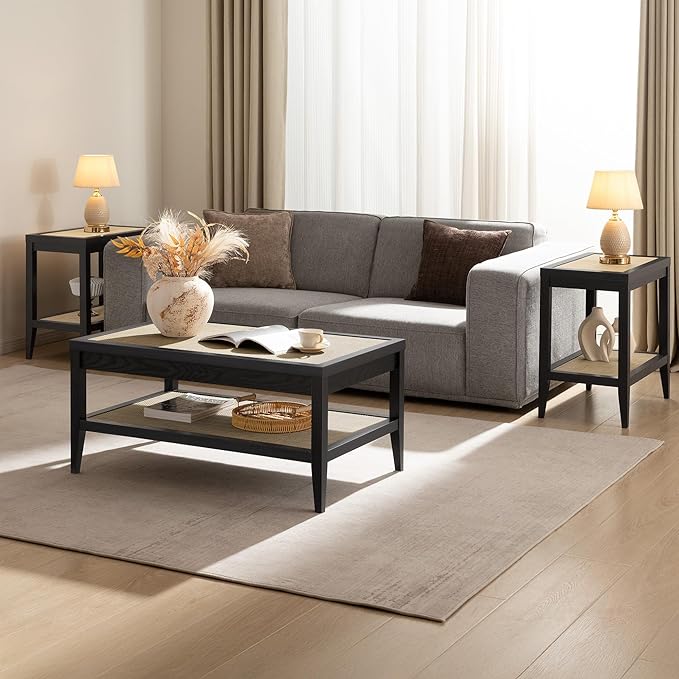 SICOTAS Rectangle Coffee Table for Living Room, Farmhouse Boho Center Table with 2-Tier Rattan Storage Shelves, Sofa Side Accent Table for Small Space, Black Oak