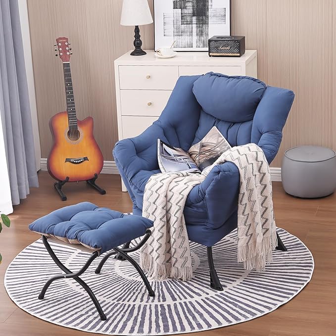 Lazy Chair and Ottoman, Large Accent Lounge Chair with Armrests and a Side Pocket, Modern Leisure Upholstered Sofa Reading Armchair with Footrest for Bedroom, Living Room, Dorm Rooms, Office