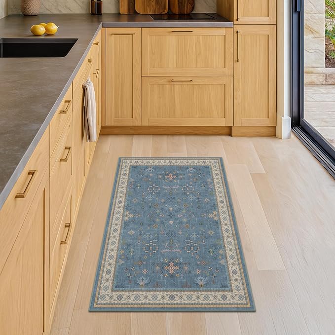 Blue 2x3 Washable Rug for Entryway Indoor, Kitchen Floor Waterproof, Bathroom, Powder Room, Non Slip Low Pile Stain & Fade Resistant, Modern Eclectic Floral Decor