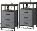 Huuger Nightstands Set of 2, 27.6 Inch End Tables with Charging Station, Fabric Drawers, Bedside Tables with USB Port and Outlet, Night Stands for Bedroom, Walnut
