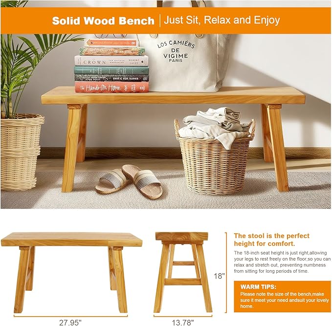 Farmhouse Solid Wood Bench: Long Rustic Indoor Narrow Wooden Bench for Entryway,Living Room, Dining Room,End of Bed,Hallway (47" Lx10 Wx18 H)