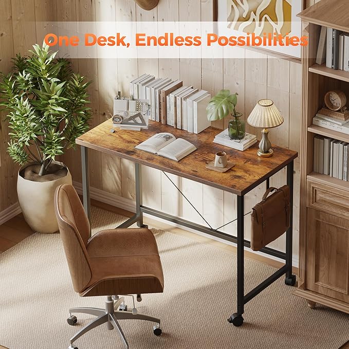Rolling Computer Desk with Wheels, Gaming Desk for Small Spaces, Modern Simple Style Table for Home Office, Study Writing Table (Caster, Rustic Brown, 48 inch)