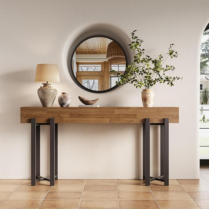 LITTLE TREE 63-Inch Console Table for Entryway, Farmhouse Behind Couch Table, Minimalist Sofa Table for Living Room, Long Wooden Hallway Foyer Table with Black Metal Frame, Oak