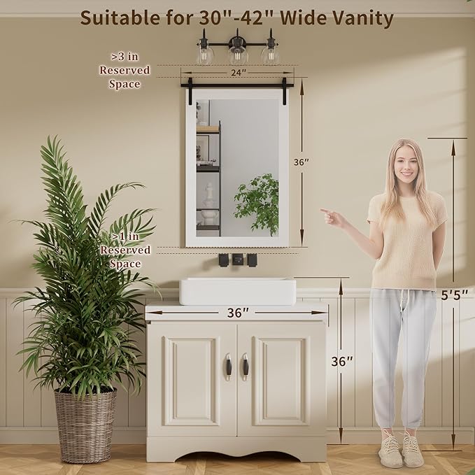 Farmhouse Bathroom Mirror, White Rustic Square Mirror for Wall Wood Framed Vanity Mirrors, Barn Door Style Decor Living Room Entryway Bedroom Mirrors, 24x36INCH (Hanging/Leaning)