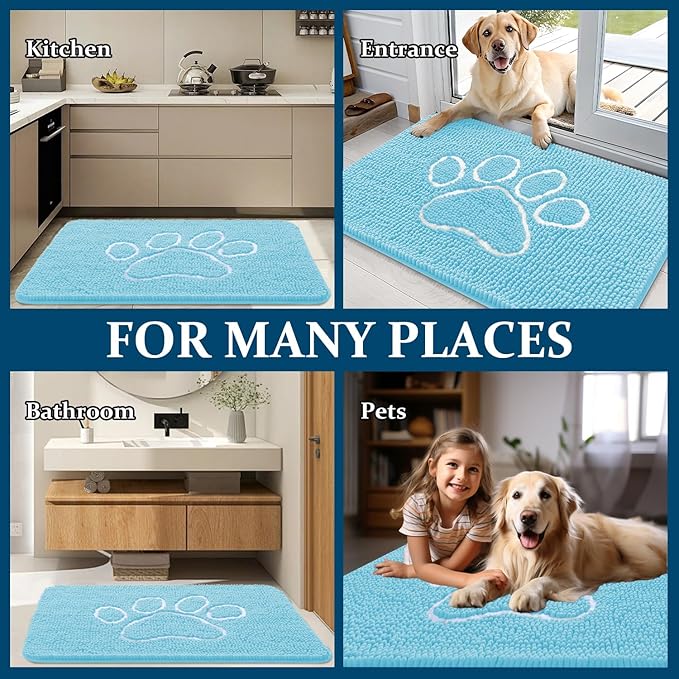 OLANLY Door Mat for Muddy Dog Paws 30x20, Ultra Absorbent Chenille Mud Doormat with Paw Print Design, Non-Slip Washable Doormat for Indoor Entryway, Quick-Dry Pet Bed Mats for Dirty Dogs, Blue